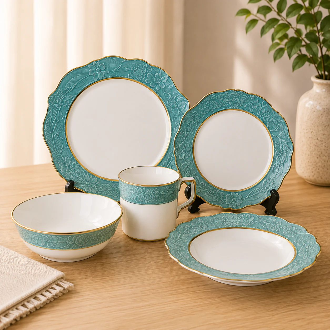 16, 30 & 44-Piece Premium Porcelain Dinner Set – Elegant Embossed Design with Gold Rim