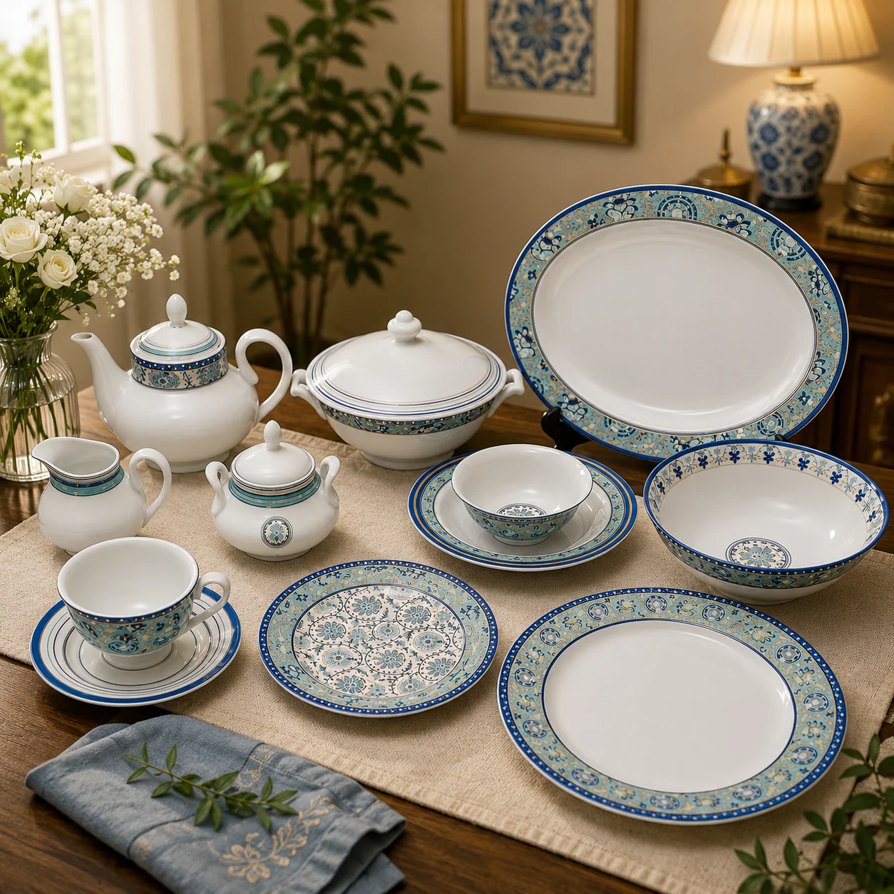 61 PCS Dinner Set – Indigo Flora | Elegant Floral Design Tableware Set