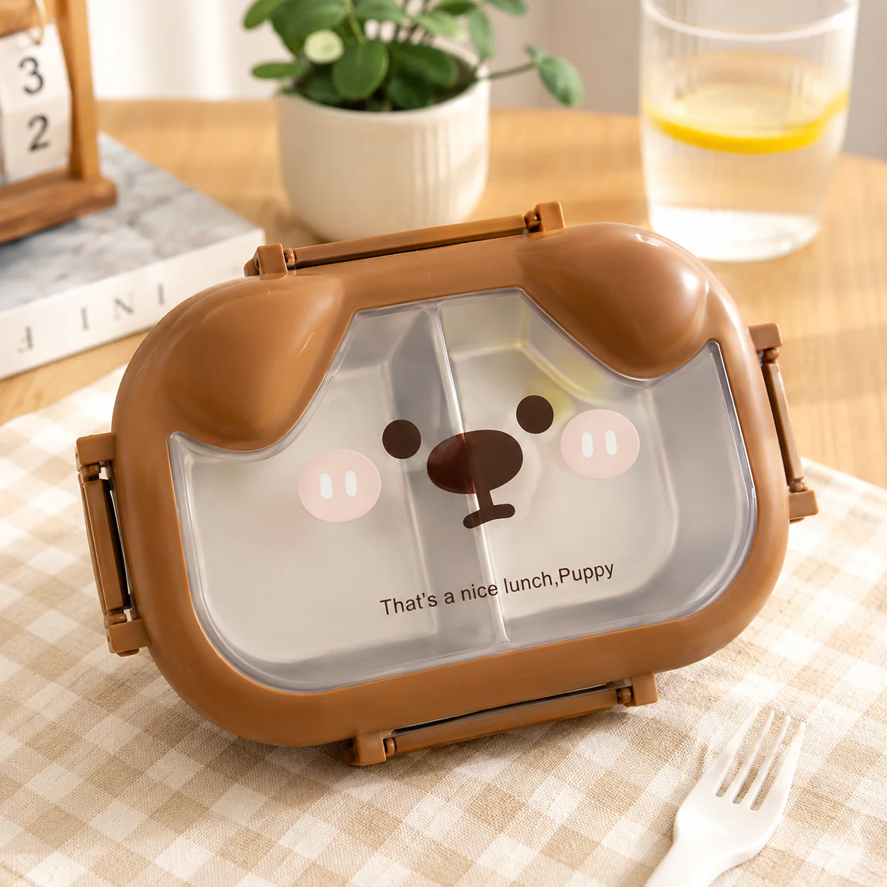 Animal Puppy Stainless Steel Lunch Box with Spoon – Brown & White | Leakproof Kids Bento Lunch Box for School, Office & Travel | Food Storage Container - Image 2