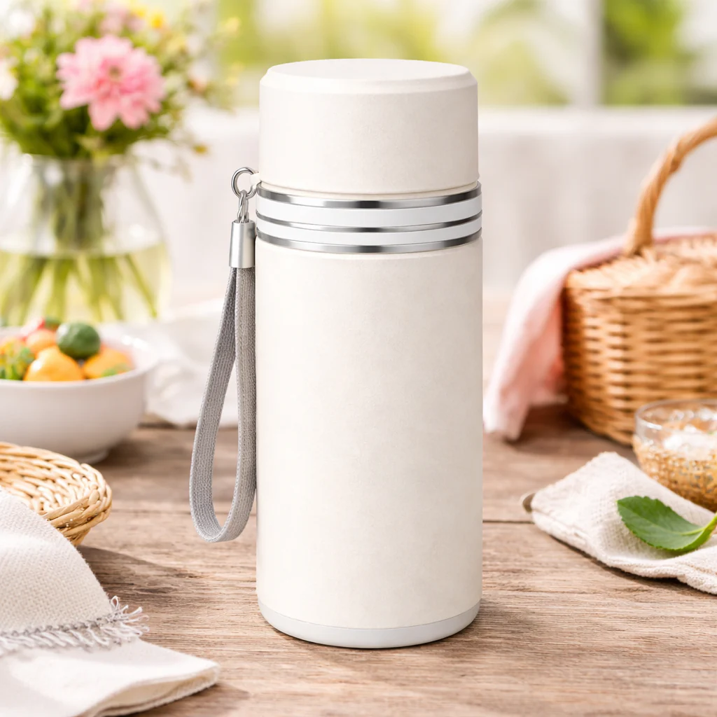 Cream Insulated Plastic Glass Cup with Lid & Strap – Portable Leakproof Travel Tumbler Bottle