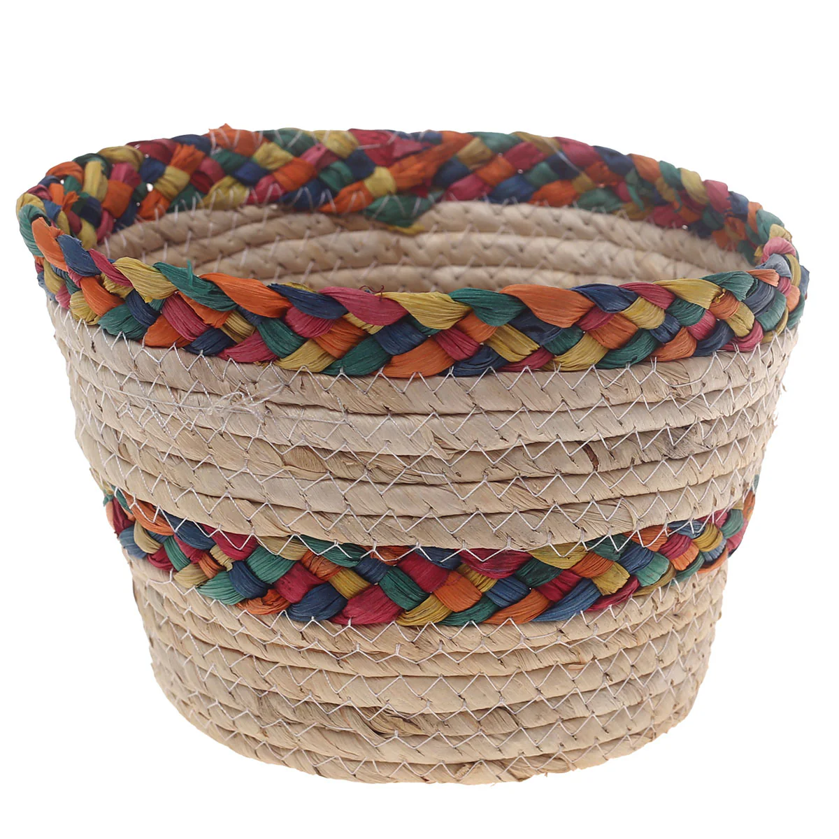 Handwoven Round White Basket with Multicolor Braided Rim – Small Natural Fiber Storage Organizer - Image 2