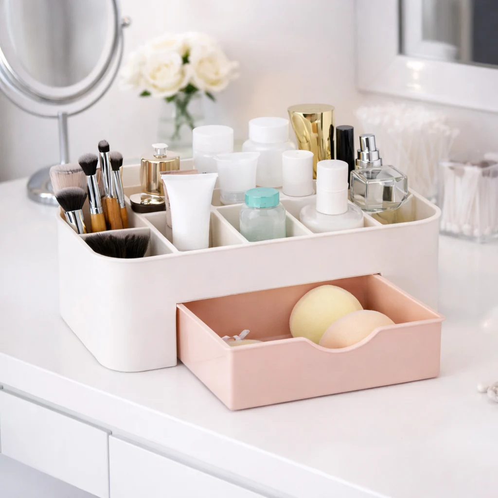 Imperial Necessities Organizer – Multi-Compartment Cosmetic & Vanity Storage Box with Drawer