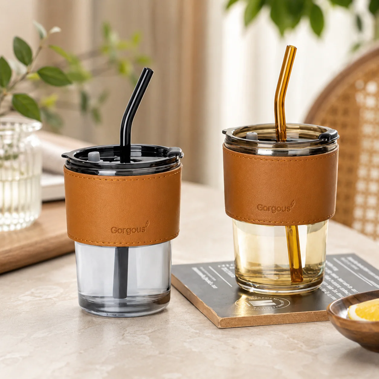 Juice Mug with Leather Cover & Straw – 350ml Premium Glass Tumbler
