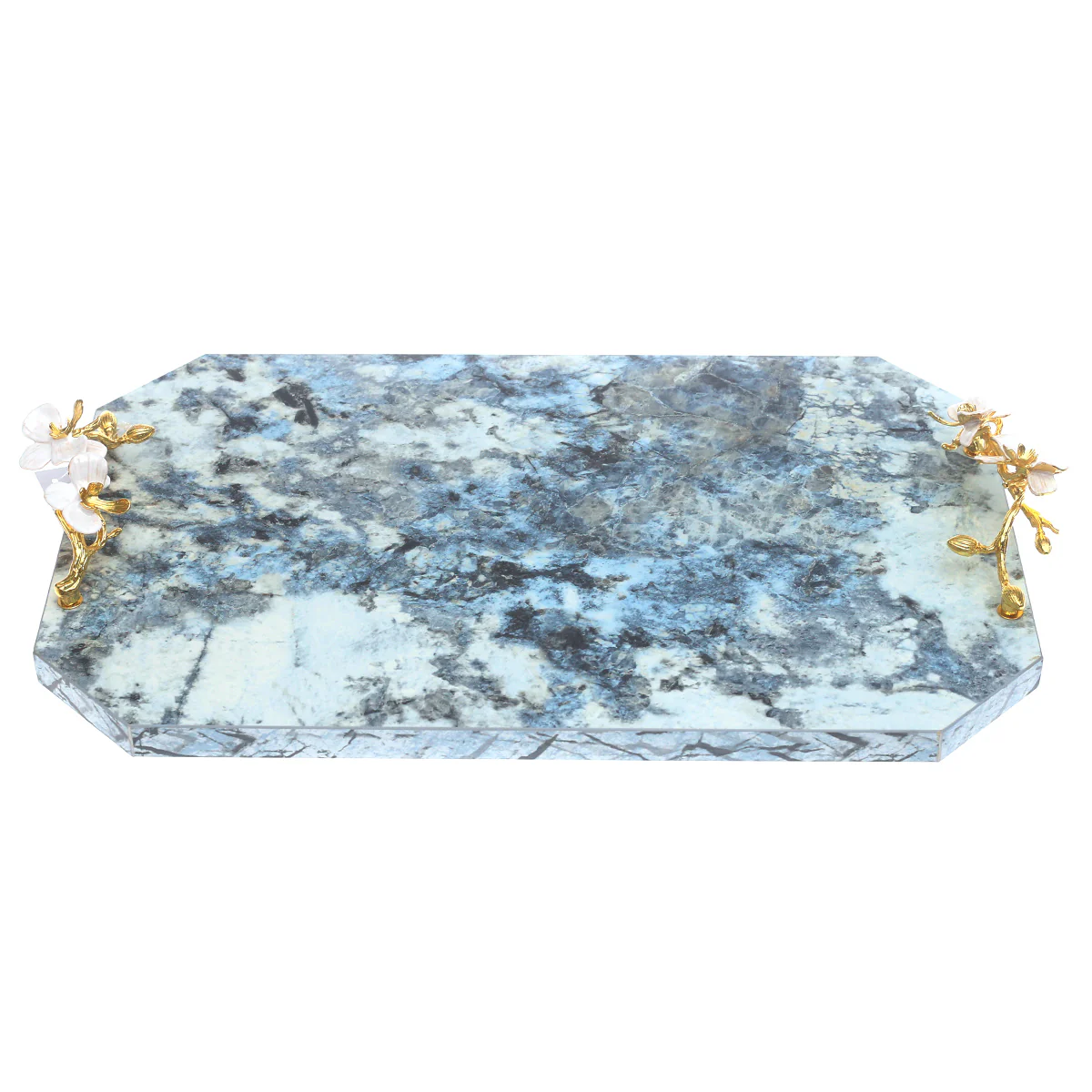 Large Blue Marble Effect Serving Tray with Floral Handles 11 × 17 Inch – Luxury Decorative Tray