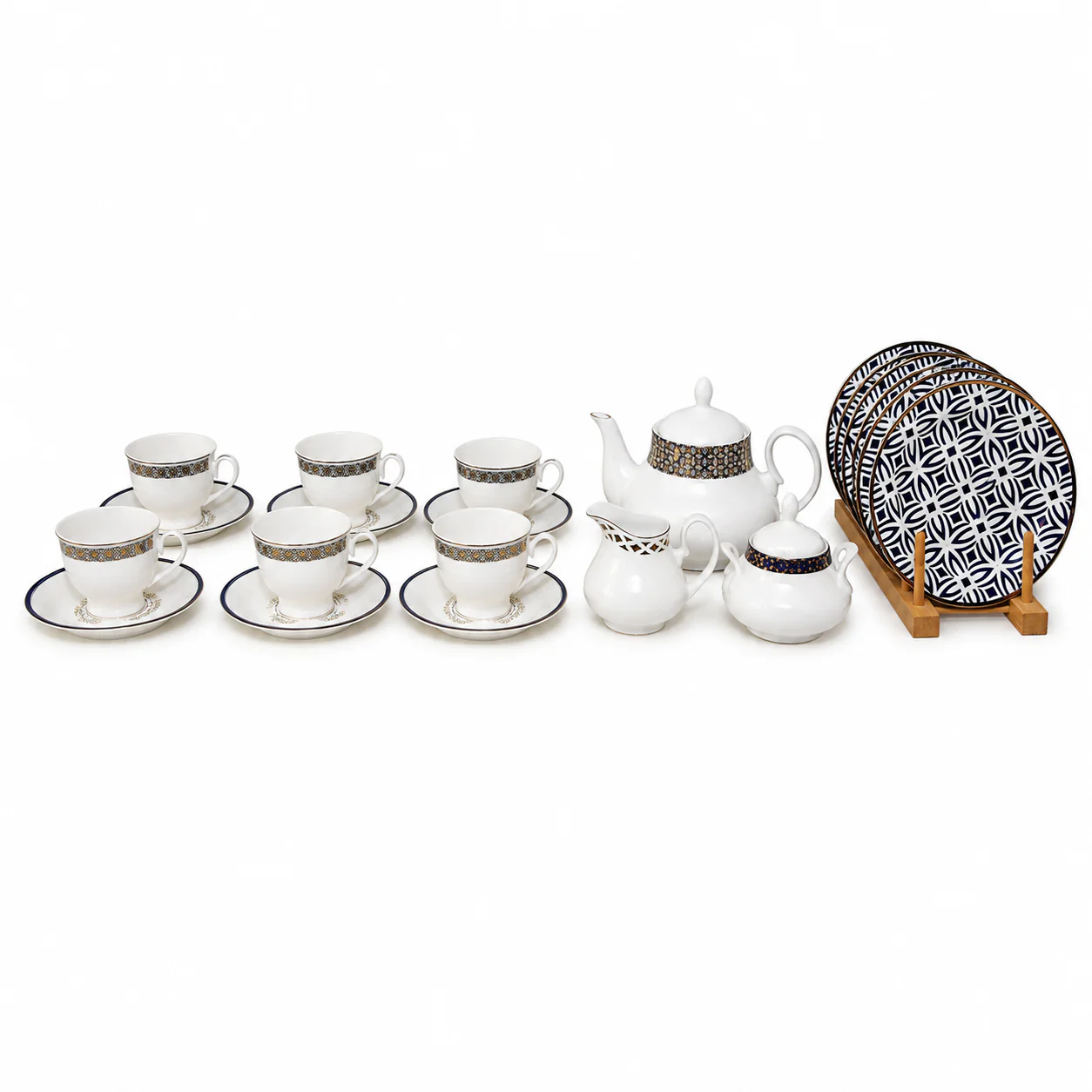 Luxury 23 Pieces Gold Jaal Blue Porcelain Tea Set with Cups, Tea Pot & Serving Accessories