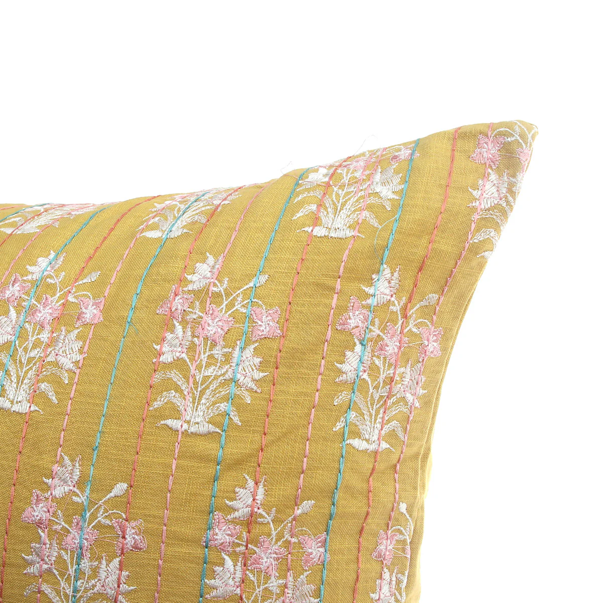 Rang Mahal Cushion Cover 18x18 – Mustard Yellow Cotton Embroidered Floral Throw Pillow - Image 3