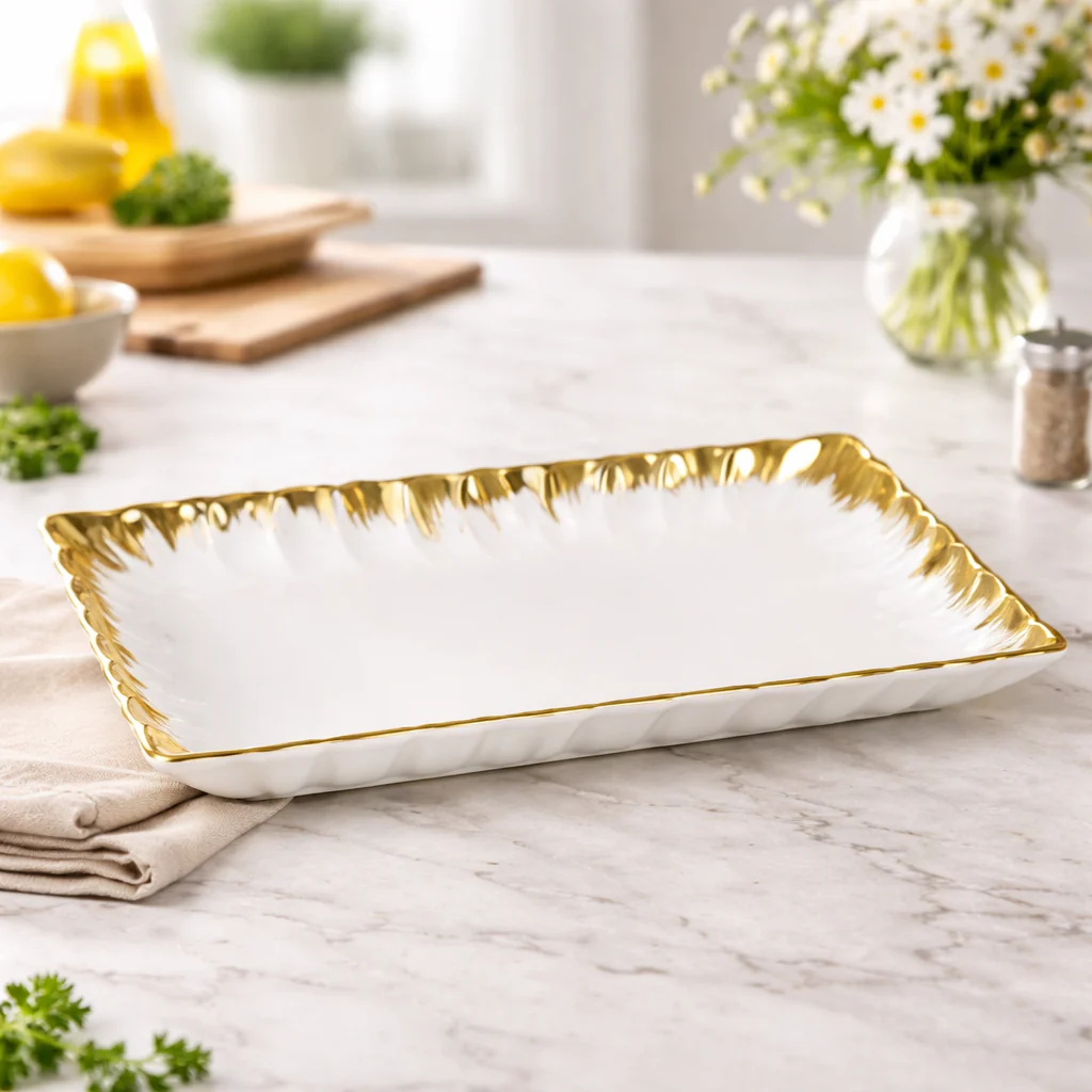 Rect. Plate – Elegant Rectangular Serving Plate with Gold Detail